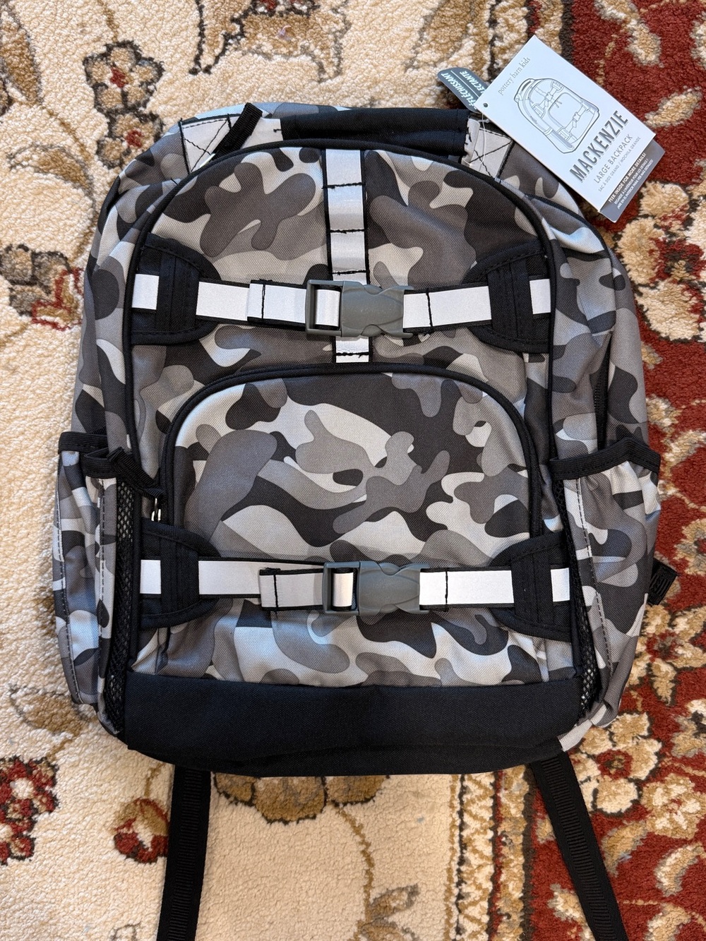 NWT Pottery Barn Kids Gray Camo Backpack with Black Accents